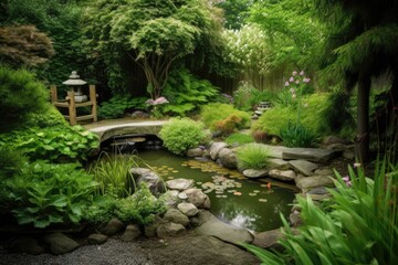 A peaceful and serene garden with a tranquil pond. Generative AI