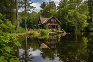 Fototapeta na wymiar A peaceful cottage on the edge of a quiet lake. Generative AI
