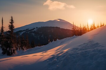 A peaceful snowy mountain landscape at sunset. Generative AI