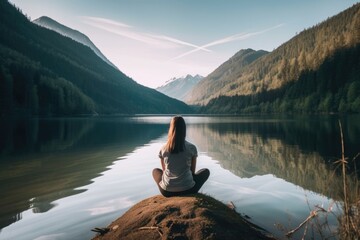 A person sitting on a peaceful lakeside, surrounded by mountains. Generative AI