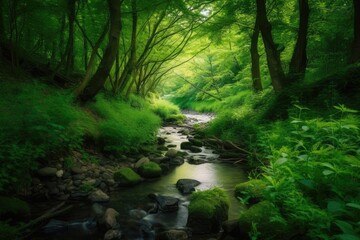 Fototapeta na wymiar A peaceful stream flowing through a lush green forest. Generative AI