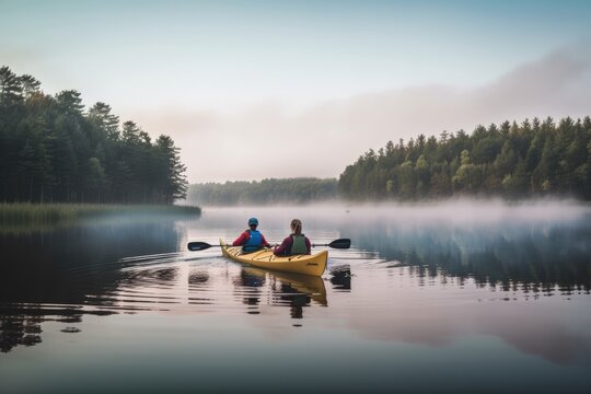 A man and woman kayaking on a calm lake. Generative AI