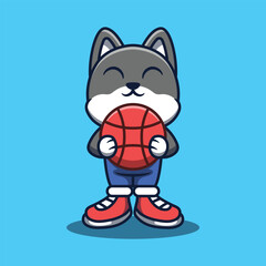 Cute dog character holding a basketball ball cartoon vector illustration