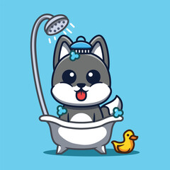 Cute dog character taking a bath in a bathtub cartoon vector illustration.