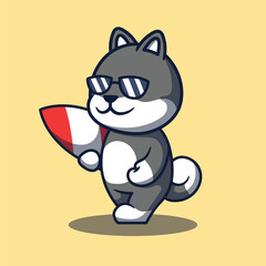 Cute Dog Character Walking Holding Surf Cartoon Vector Illustration