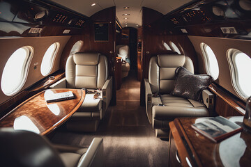 The Ultimate Private Jet Experience. Relax in comfort and luxury on board this spacious airplane. Travel with style and sophistication. AI Generative