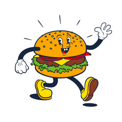 Burger mascot in retro rubber hose cartoon style.