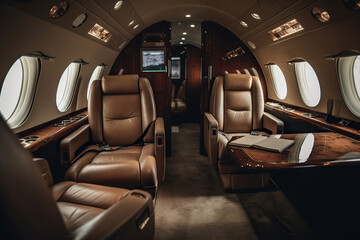 The Ultimate Private Jet Experience. Relax in comfort and luxury on board this spacious airplane. Travel with style and sophistication. AI Generative