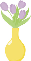 Purple tulips in yellow vase. Flat design.