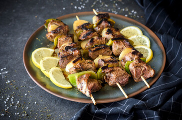 Traditional Greek Souvlaki served on the table 