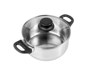 New Cooking Pot Isolated, Metal Saucepan with Glass Lid, Soup Kitchenware, Shiny Stainless Cooking Pot