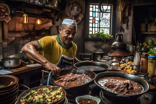 Authentic Brazilian Cuisine. Experience the rustic and flavorful dishes of a Brazilian chef cooking traditional food, including feijoada. Gastronomy and culinary concept. AI Generative