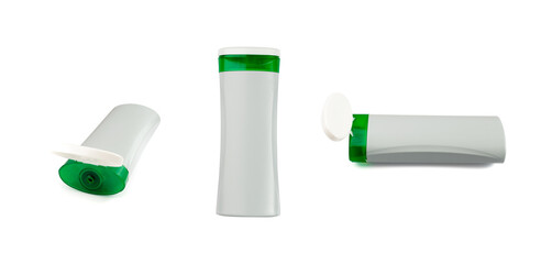 Shampoo Bottle on Yellow Background, Liquid Soap Plastic Container, Shower Gel Tube, Hair Conditioner Box