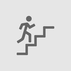 Man on stairs going up icon on grey background. Success symbol. Promotion vector.