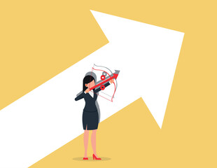 Achieve business goals. business woman pulling bow and arrow aiming at target