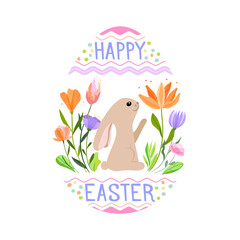 Happy Easter flower egg vector illustration. Trendy Easter design with typography, bunny and spring flowers in soft colors for banner, poster, greeting card.