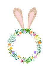 Happy Easter vector illustration. Trendy Easter design with wreath, bunny earss and spring flowers in soft colors for banner, poster, greeting card.
