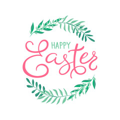 Fototapeta na wymiar Happy Easter vector illustration. Trendy Easter design with typography, wreath and spring flowers in soft colors for banner, poster, greeting card.