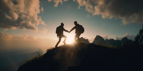 Two friends stand atop a mountain, silhouette, against the sky as they work together to pull one another up and over the summit, Together at the Top: The Power of Friendship and Teamwork AI Generative