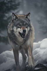 Fototapeta premium Wild Encounter: Iberian Wolf Roaming Through Snowy Forest - AI Generative
