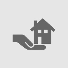 House in hand vector icon. Real estate logo simple isolated sign symbol. Black illustration on grey background.