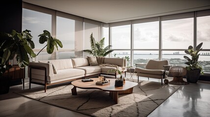 Modern living room interior, windows overlooking the Sea at sunset. Showcase the elegant design, comfortable seating, and stylish decor. Generative AI Technology 