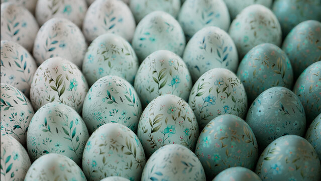 Duck Egg Blue Easter Background. Collection of Perfectly organized Eggs with Floral Patterns.