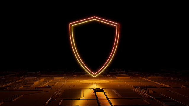 Orange and Yellow Security Technology Concept with shield symbol as a neon light. Vibrant colored icon, on a black background with high tech floor. 3D Render