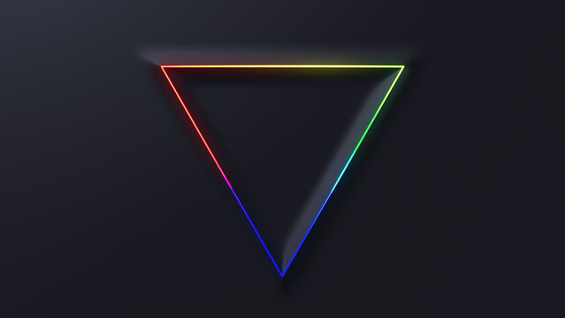 Minimalist Tech Background with Raised Triangle and Rainbow Illuminated Edge. Black Surface with Embossed 3D Shape. 3D Render.