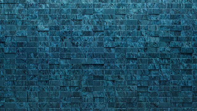 Polished, Rectangular Wall background with tiles. Glazed, tile Wallpaper with 3D, Blue Patina blocks. 3D Render