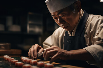 Sushi Chef Expertly Slice and Dice Fresh Fish for the Perfect Roll with AI Generative