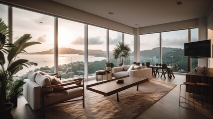 Fototapeta premium Modern living room interior, windows overlooking the Sea at sunset. Showcase the elegant design, comfortable seating, and stylish decor. Generative AI Technology 