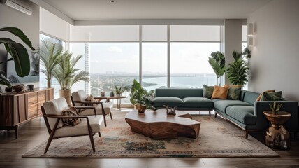 Modern living room interior, windows overlooking the Sea at sunset. Showcase the elegant design, comfortable seating, and stylish decor. Generative AI Technology 