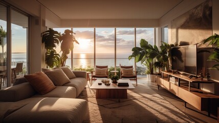 Modern living room interior, windows overlooking the Sea at sunset. Showcase the elegant design, comfortable seating, and stylish decor. Generative AI Technology 