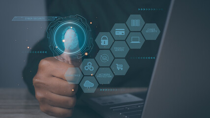 Businessman using laptop access scan fingerprint biometric identity and approval