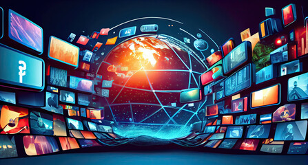 Digital contents concept. Social networking service. Streaming video. NFT. Non-fungible token. Wide angle visual for banners or advertisements.