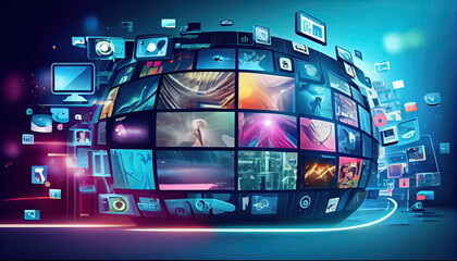 Digital contents concept. Social networking service. Streaming video. NFT. Non-fungible token. Wide angle visual for banners or advertisements.