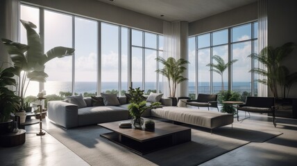 Fototapeta na wymiar Modern living room interior, windows overlooking the Sea at sunset. Showcase the elegant design, comfortable seating, and stylish decor. Generative AI Technology 