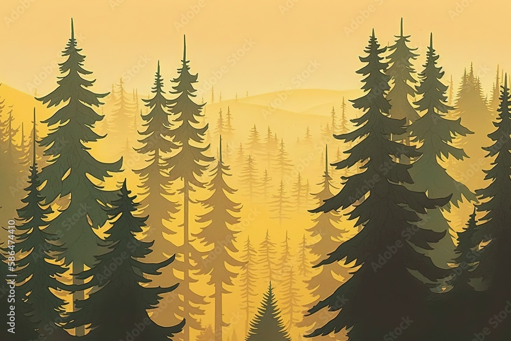 Poster aerial view of a forest of spruce trees against a yellow and hazy sky. generative ai