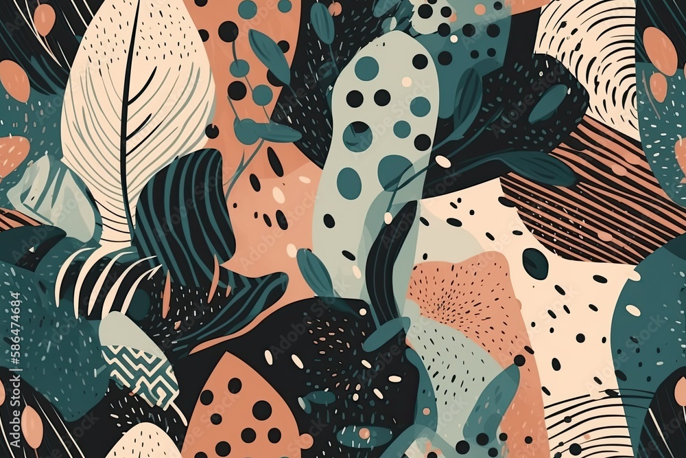 Poster black background with a repeating pattern of leaves and dots. generative ai