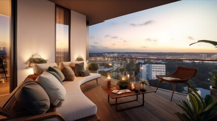 interior design concept condominium penthouse living area with wooden balcony and stunning view of city garden beautiful sky, image ai generate - obrazy, fototapety, plakaty