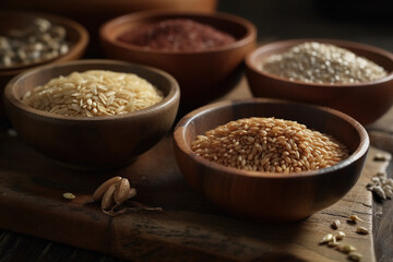 Wooden bowls with cereals: rice, barley, wheat - AI Generative