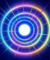 Neon beams swirling glow Luminescent screw cover. spark particle energy Space tunnel. LED circle glows. EPS file illustration.