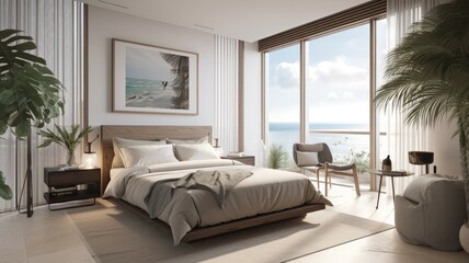 Modern bedroom interior, windows overlooking the infinity Sea. Generative AI Technology 