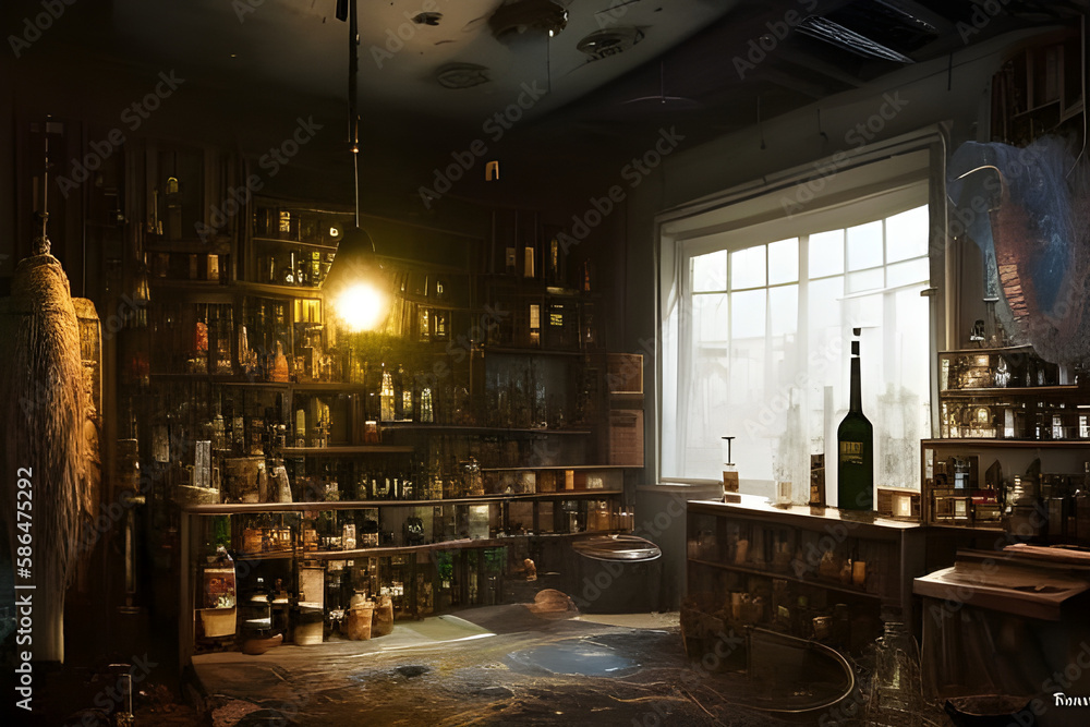 Wall mural alchemist lab. a strange and creepy cabinet of curiosities filled with lots of bottles and glass jar