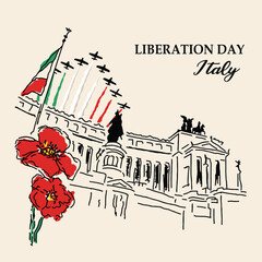 VECTORS. Banner for Liberation Day in Italy, also known as the Anniversary of Italy's Liberation or Anniversary of the Resistance. April 25, poppy flowers, airplanes, sketch style, artistic