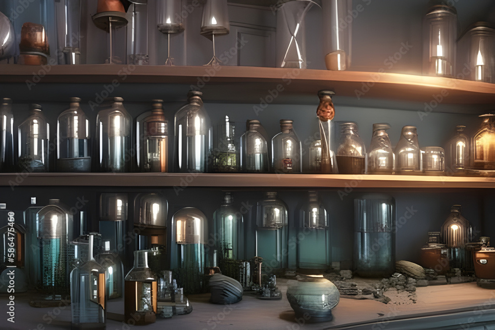 Wall mural alchemist lab. a strange and creepy cabinet of curiosities filled with lots of bottles and glass jar