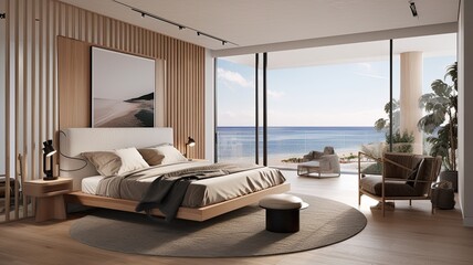 Modern bedroom interior, windows overlooking the infinity Sea. Generative AI Technology 
