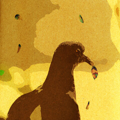 ilustracja, grafika ptak gołąb z piórkiem w dziobie abstrakcja na żółtym tle. © Monika