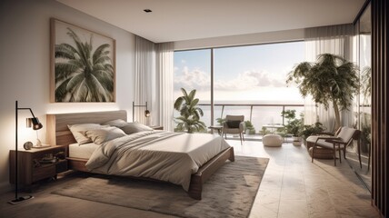 Obraz na płótnie Canvas Modern bedroom interior, windows overlooking the infinity Sea. Generative AI Technology 